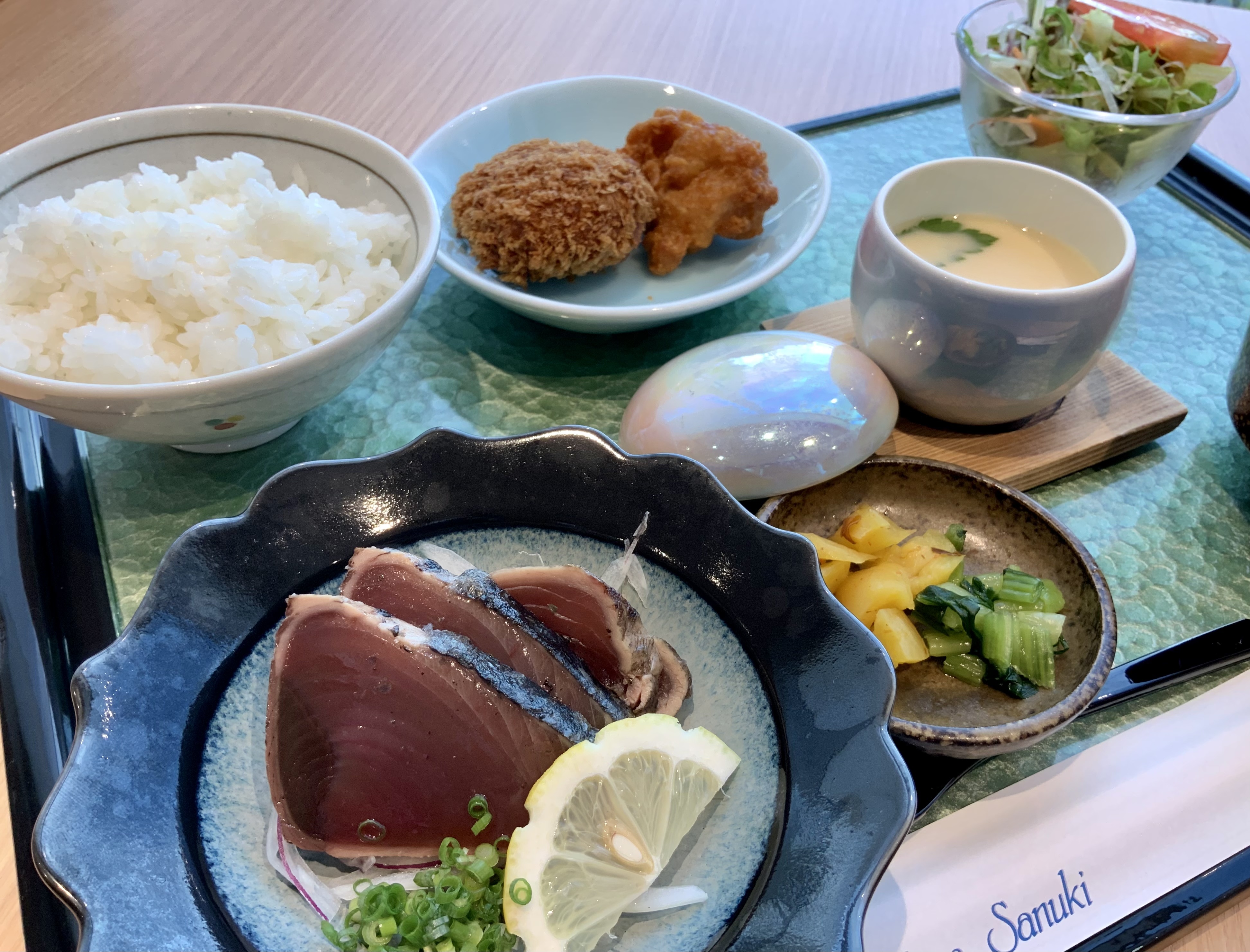 鰹たたき＆茶碗蒸し　青さ味噌汁