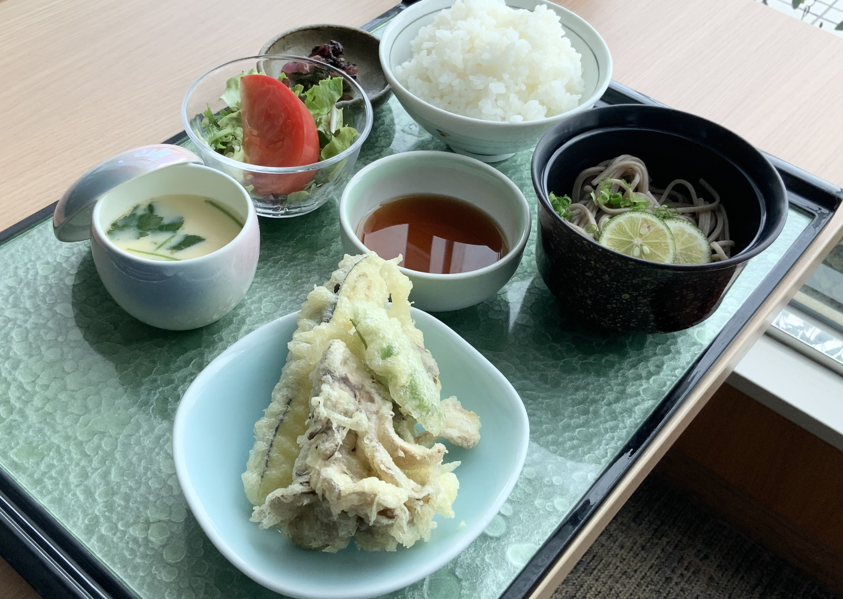 酢橘そば 秋茄子と茸の天麩羅天出汁 茶碗蒸し